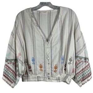 LOVESTITCH Sz S Gauze Top Bohemian Floral Embroidery Cross Stitch White Cotton